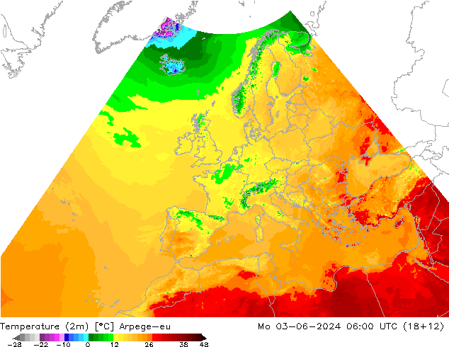 Temperaturkarte (2m) Arpege-eu Mo 03.06.2024 06 UTC