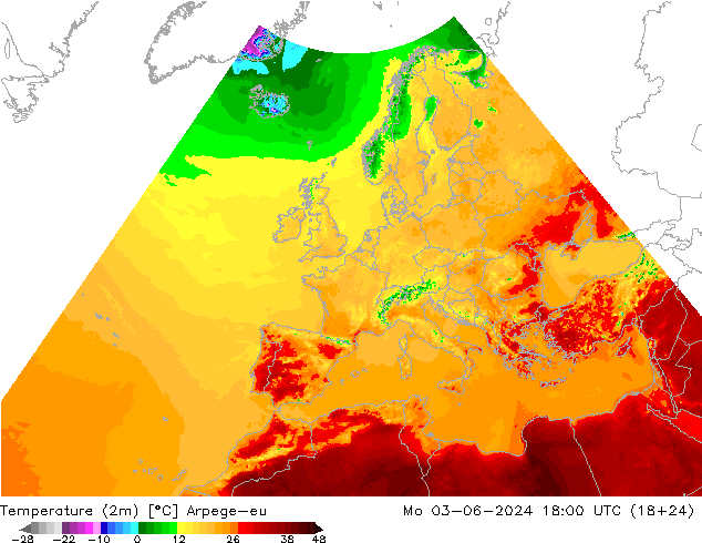 Temperaturkarte (2m) Arpege-eu Mo 03.06.2024 18 UTC