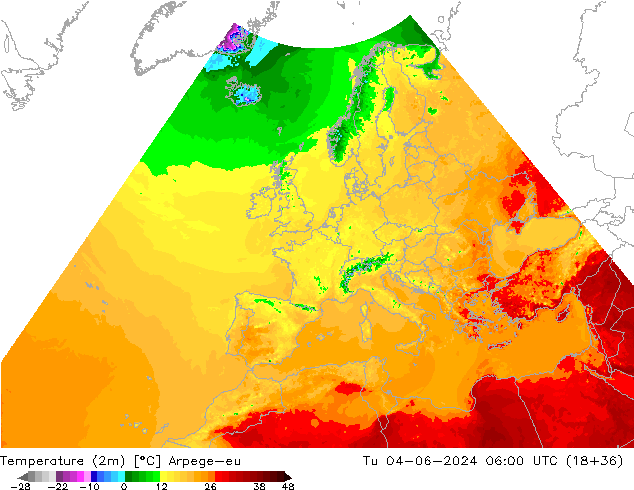 Temperature (2m) Arpege-eu Tu 04.06.2024 06 UTC