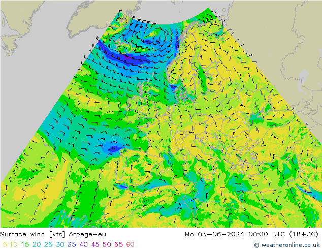 wiatr 10 m Arpege-eu pon. 03.06.2024 00 UTC