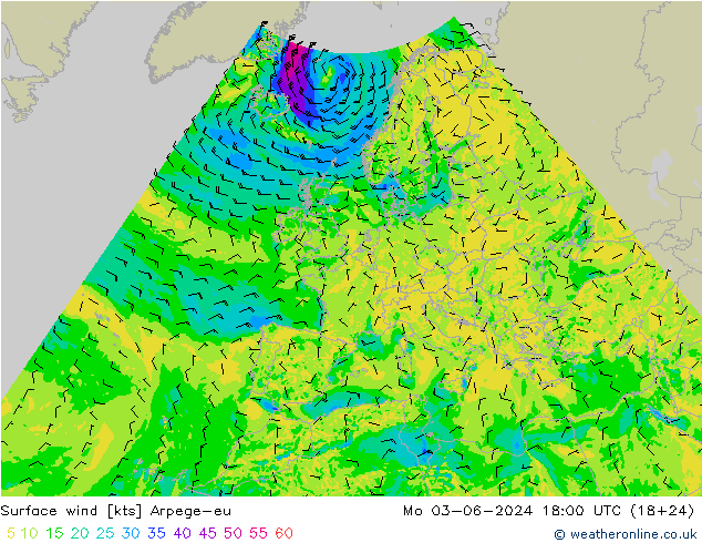 Vento 10 m Arpege-eu lun 03.06.2024 18 UTC