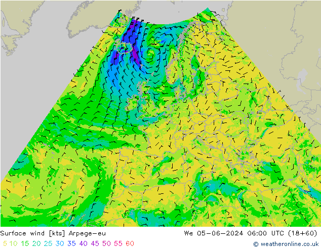 Surface wind Arpege-eu St 05.06.2024 06 UTC