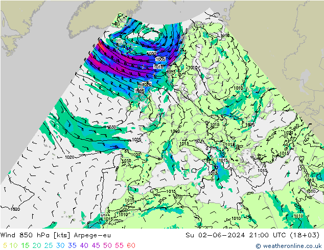Rüzgar 850 hPa Arpege-eu Paz 02.06.2024 21 UTC