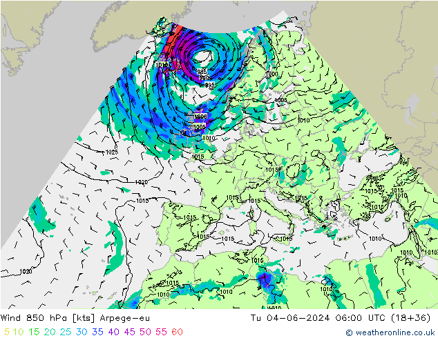 Rüzgar 850 hPa Arpege-eu Sa 04.06.2024 06 UTC