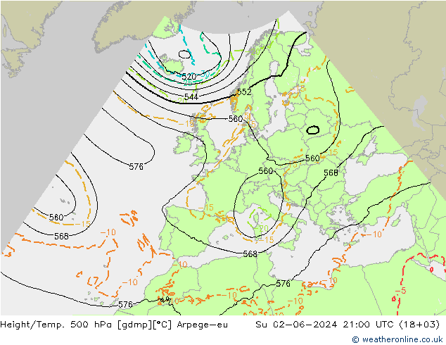 Height/Temp. 500 hPa Arpege-eu 星期日 02.06.2024 21 UTC