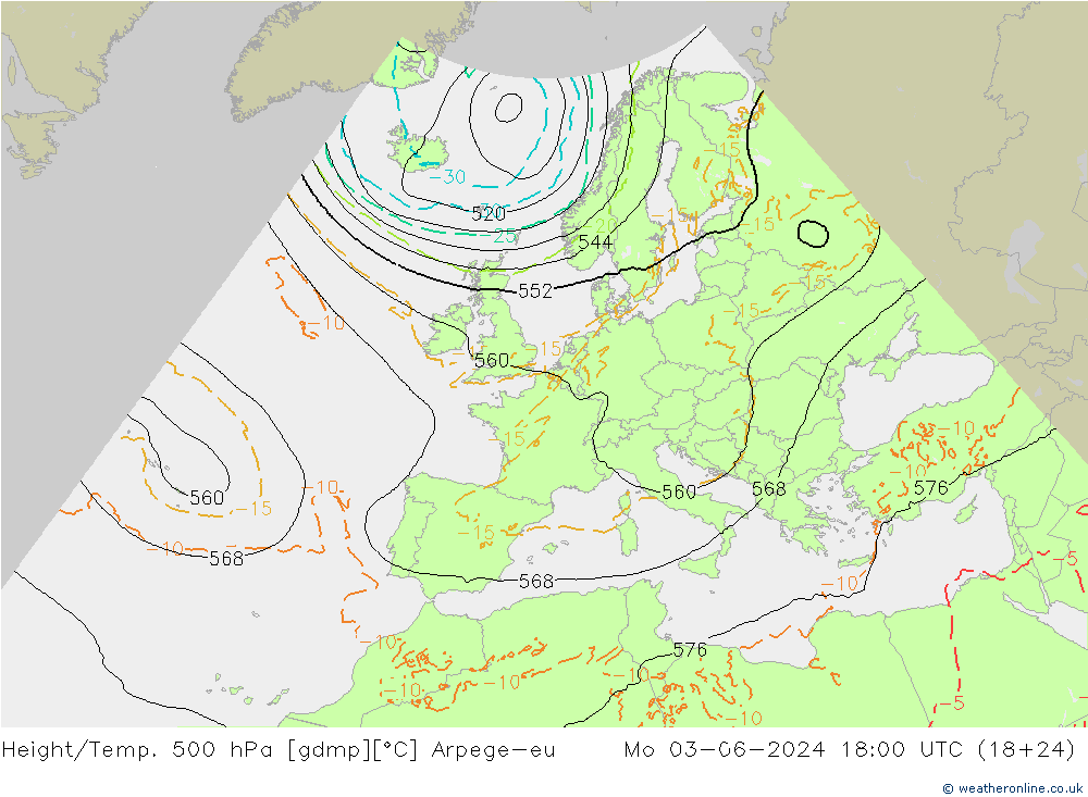 Height/Temp. 500 hPa Arpege-eu 星期一 03.06.2024 18 UTC