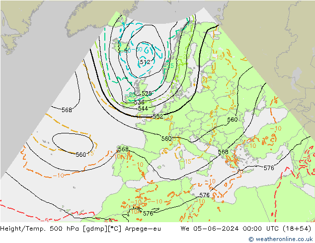 Height/Temp. 500 hPa Arpege-eu Mi 05.06.2024 00 UTC