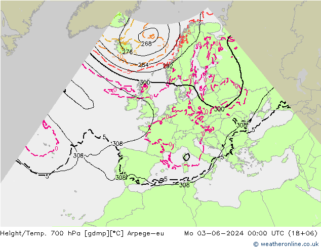 Height/Temp. 700 hPa Arpege-eu 星期一 03.06.2024 00 UTC
