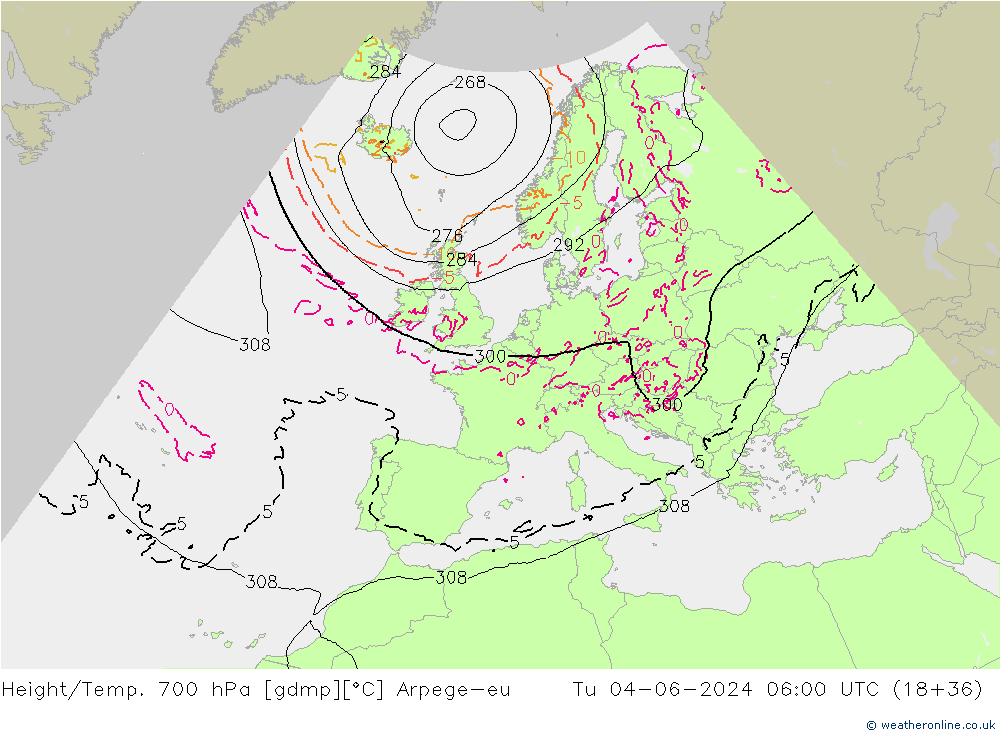 Height/Temp. 700 hPa Arpege-eu Tu 04.06.2024 06 UTC