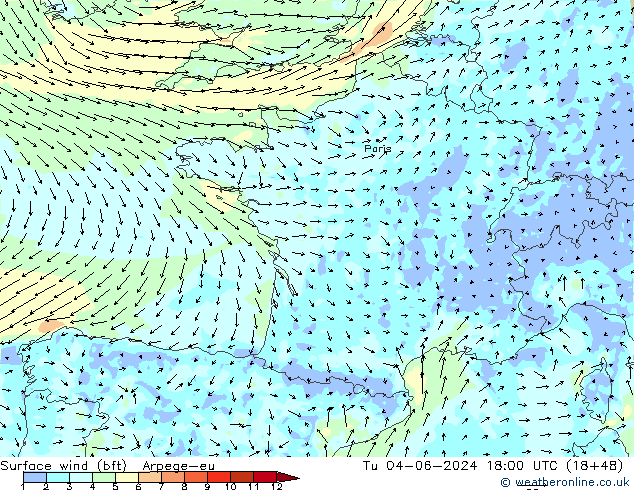 Surface wind (bft) Arpege-eu Tu 04.06.2024 18 UTC