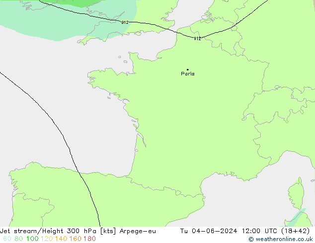 Jet stream/Height 300 hPa Arpege-eu Út 04.06.2024 12 UTC