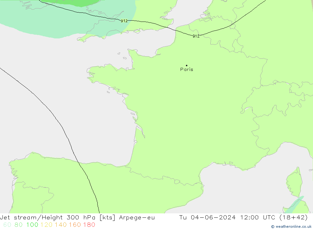 Jet stream/Height 300 hPa Arpege-eu Út 04.06.2024 12 UTC