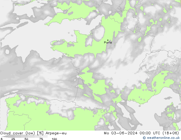 Cloud cover (low) Arpege-eu Mo 03.06.2024 00 UTC