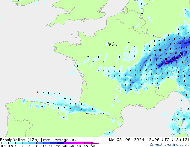 Precipitation (12h) Arpege-eu Mo 03.06.2024 06 UTC