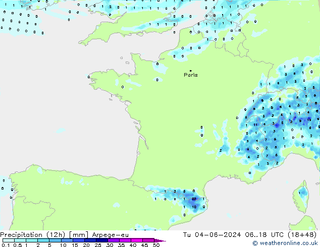 осадки (12h) Arpege-eu вт 04.06.2024 18 UTC