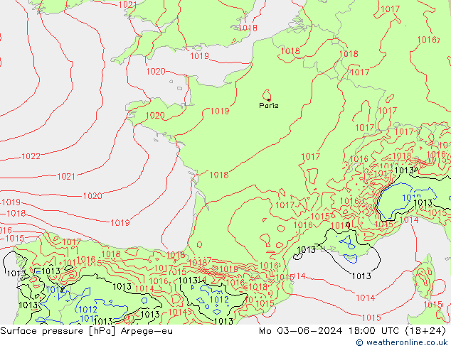 Pressione al suolo Arpege-eu lun 03.06.2024 18 UTC