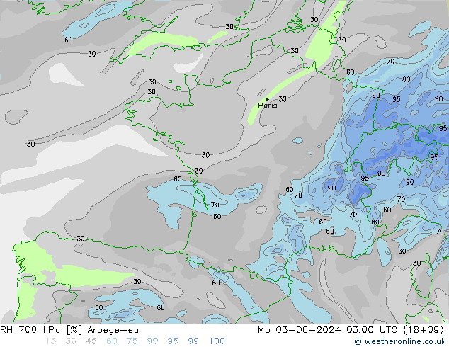 Humidité rel. 700 hPa Arpege-eu lun 03.06.2024 03 UTC