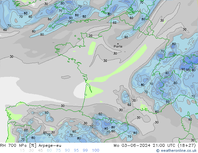 Humedad rel. 700hPa Arpege-eu lun 03.06.2024 21 UTC