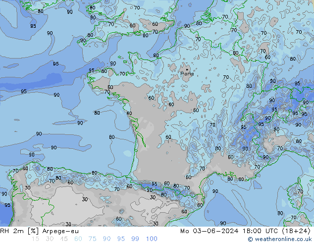 Humidité rel. 2m Arpege-eu lun 03.06.2024 18 UTC