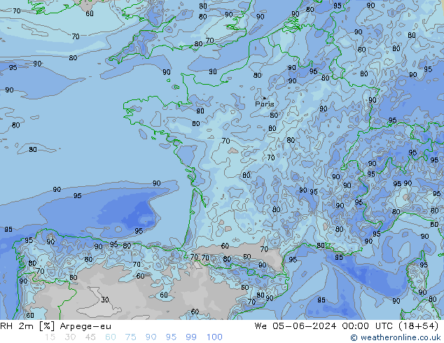 Humedad rel. 2m Arpege-eu mié 05.06.2024 00 UTC