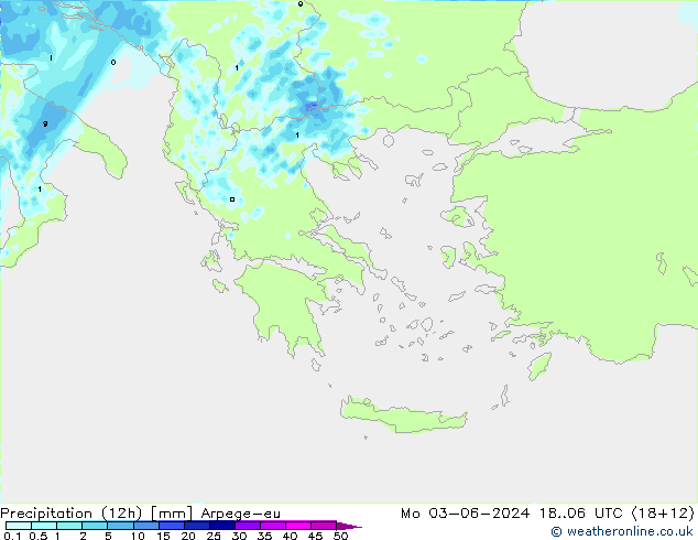 Precipitation (12h) Arpege-eu Po 03.06.2024 06 UTC