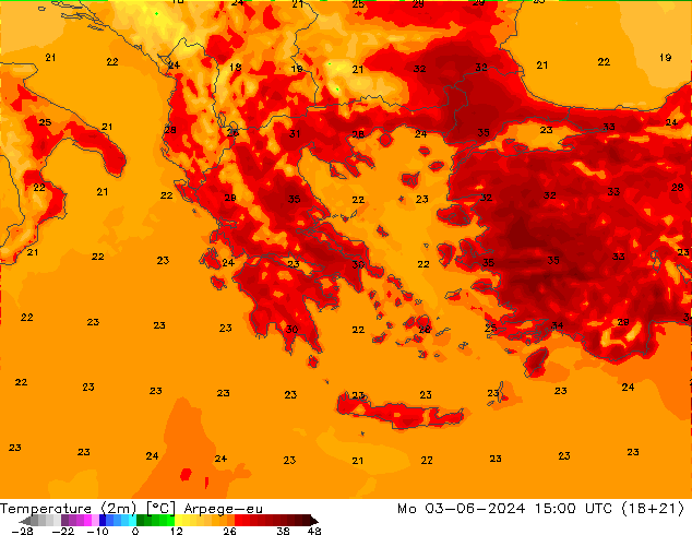 Temperatuurkaart (2m) Arpege-eu ma 03.06.2024 15 UTC