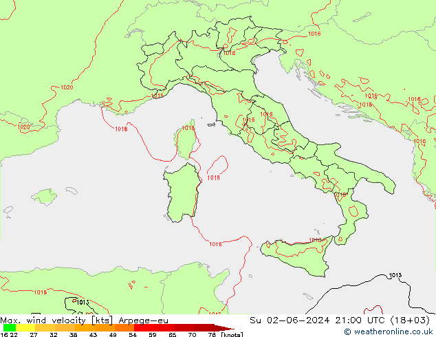 Max. wind velocity Arpege-eu Dom 02.06.2024 21 UTC