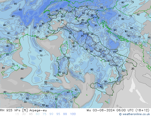 Humedad rel. 925hPa Arpege-eu lun 03.06.2024 06 UTC