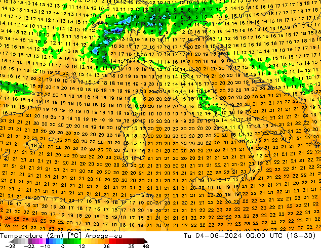 Temperature (2m) Arpege-eu Tu 04.06.2024 00 UTC