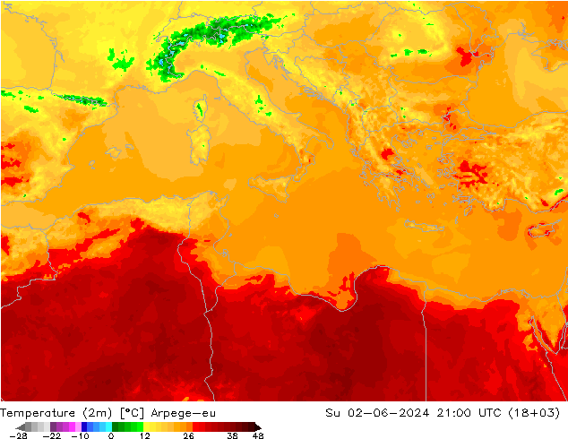Sıcaklık Haritası (2m) Arpege-eu Paz 02.06.2024 21 UTC
