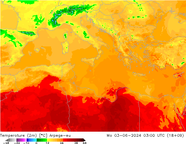 Sıcaklık Haritası (2m) Arpege-eu Pzt 03.06.2024 03 UTC