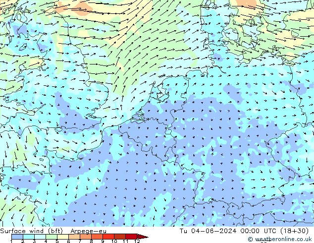 Wind 10 m (bft) Arpege-eu di 04.06.2024 00 UTC