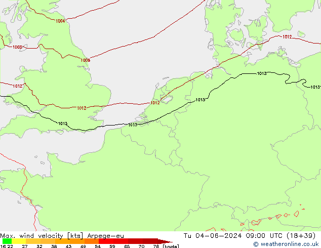 Max. wind velocity Arpege-eu Tu 04.06.2024 09 UTC