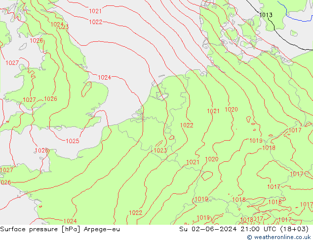 地面气压 Arpege-eu 星期日 02.06.2024 21 UTC