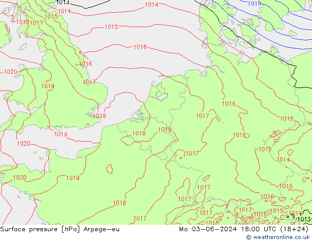 Surface pressure Arpege-eu Mo 03.06.2024 18 UTC