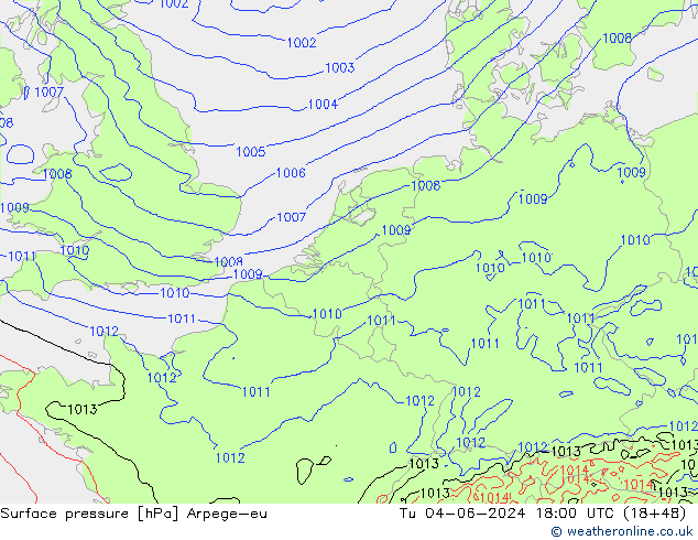 Bodendruck Arpege-eu Di 04.06.2024 18 UTC