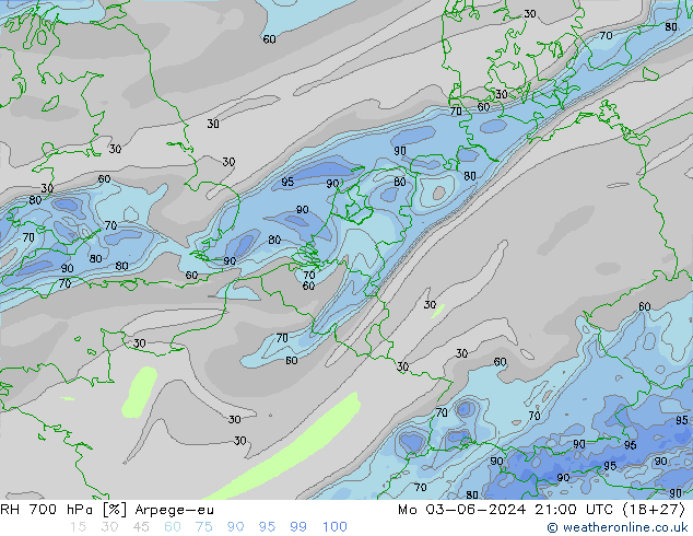 RH 700 hPa Arpege-eu Po 03.06.2024 21 UTC