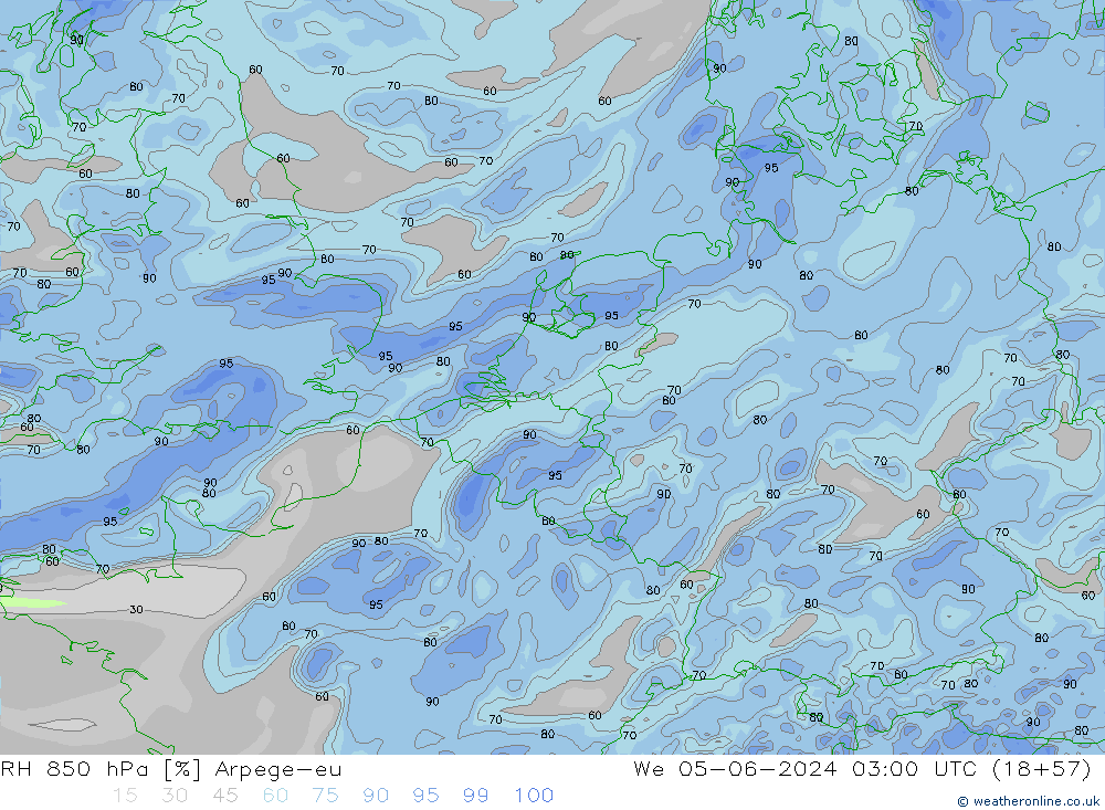 Humidité rel. 850 hPa Arpege-eu mer 05.06.2024 03 UTC