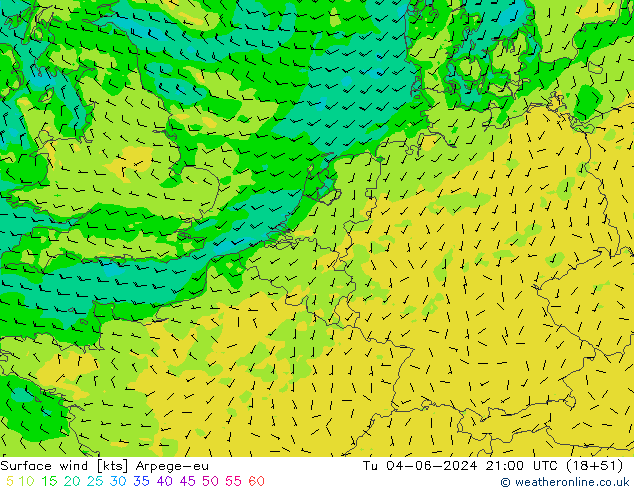 Surface wind Arpege-eu Út 04.06.2024 21 UTC