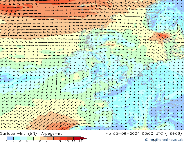 Wind 10 m (bft) Arpege-eu ma 03.06.2024 03 UTC
