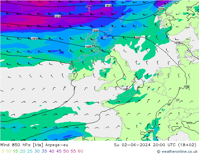 Wind 850 hPa Arpege-eu Su 02.06.2024 20 UTC