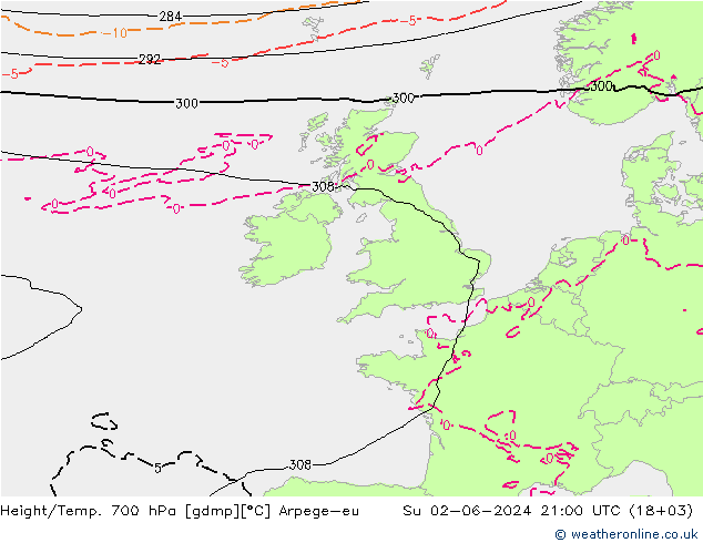 Height/Temp. 700 hPa Arpege-eu  02.06.2024 21 UTC