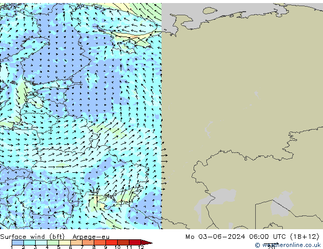 Wind 10 m (bft) Arpege-eu ma 03.06.2024 06 UTC