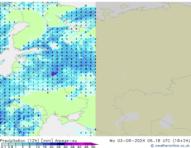 Yağış (12h) Arpege-eu Pzt 03.06.2024 18 UTC