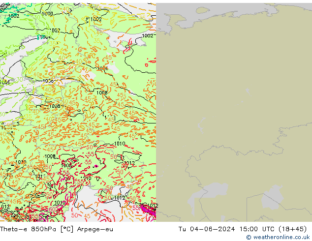 Theta-e 850hPa Arpege-eu di 04.06.2024 15 UTC