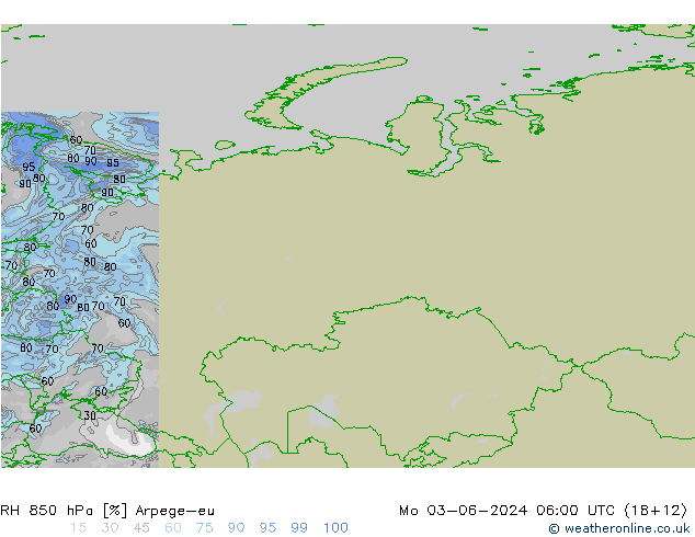 RH 850 hPa Arpege-eu Mo 03.06.2024 06 UTC