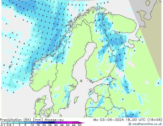 降水量 (6h) Arpege-eu 星期一 03.06.2024 00 UTC