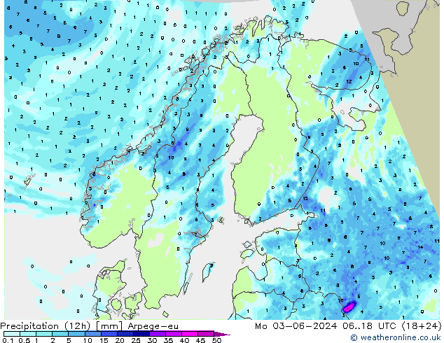 Precipitation (12h) Arpege-eu Po 03.06.2024 18 UTC