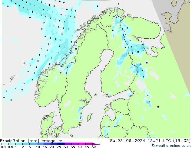 Precipitazione Arpege-eu dom 02.06.2024 21 UTC