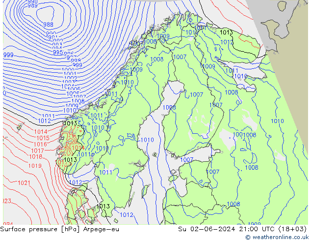 地面气压 Arpege-eu 星期日 02.06.2024 21 UTC